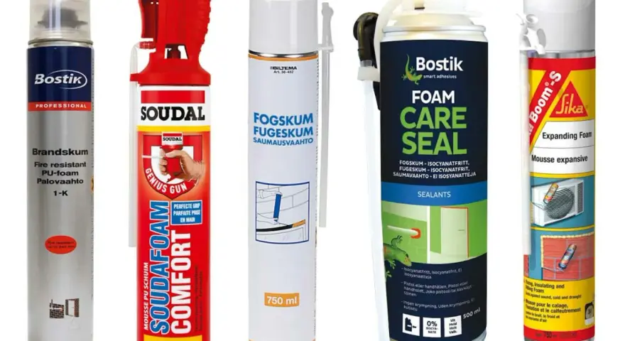 Flera burkar med lågexpanderande fogskum för olika ändamål, som Bostik, Soudal och Sika.
