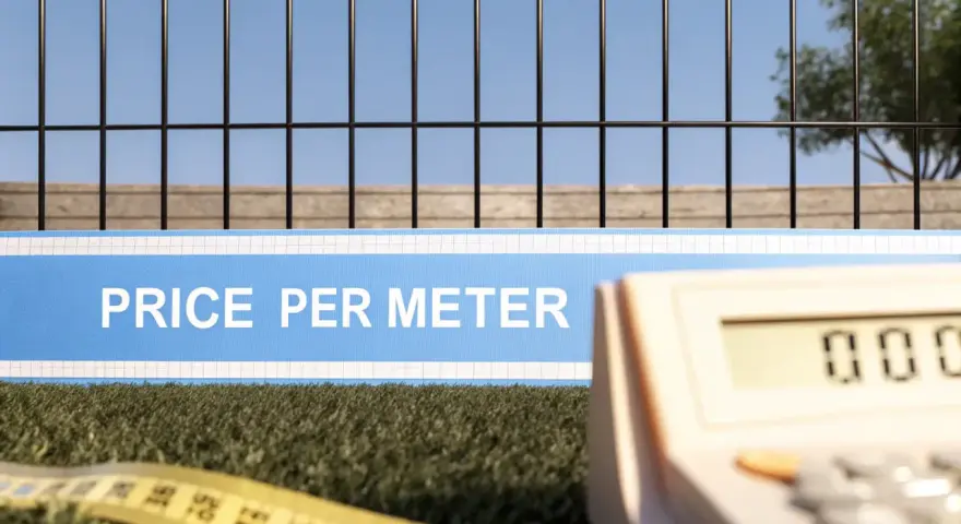 Grönt gräs, ett staket och en kalkylator. Skylten visar "PRICE PER METER", vilket indikerar staket pris per meter.