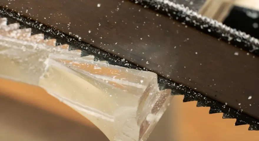 Sågtänder skär genom ett tjockt, klart material. Små bitar av materialet flyger iväg när man kapa plexiglas.
