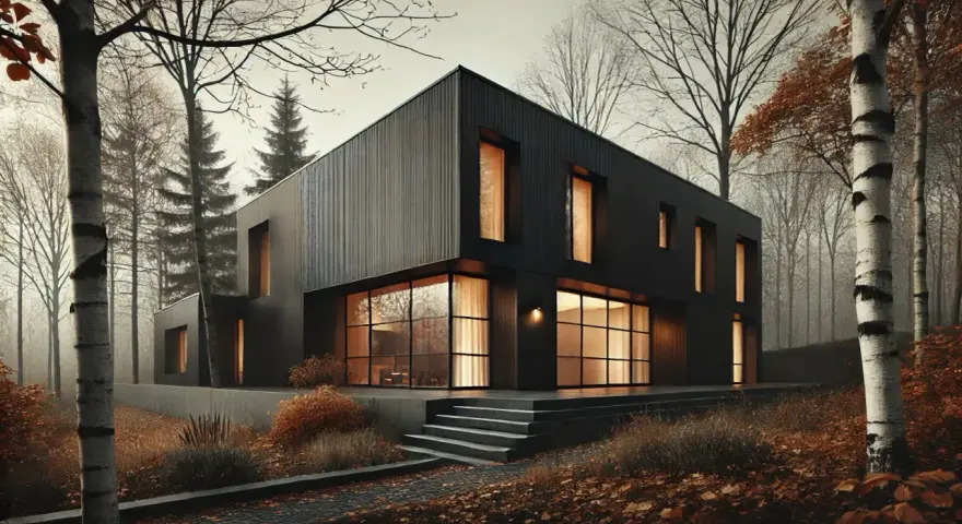 Modern villa i skogen, med stora fönster och mörka fasader. Kanske en framtida stambyte villa?