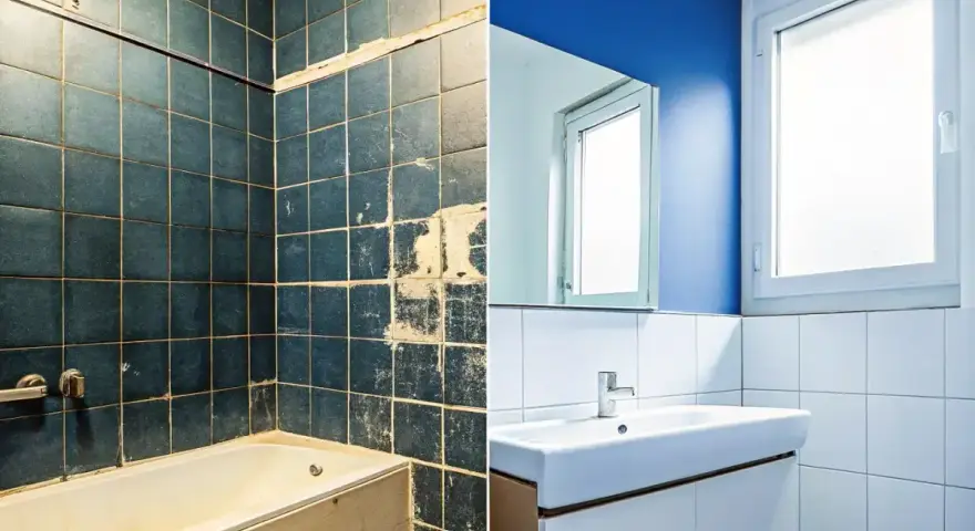 Före- och efterbild på ett badrum. Det gamla, mörka badrummet har renoverats till ett ljust och modernt, handikappanpassat badrum med blå väggar och vitt kakel.