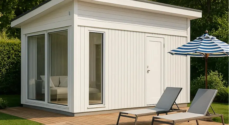 Modernt poolhus med stora fönster och dörr, perfekt för att bygga poolhus. Två solstolar och ett parasoll står på trädäcket.