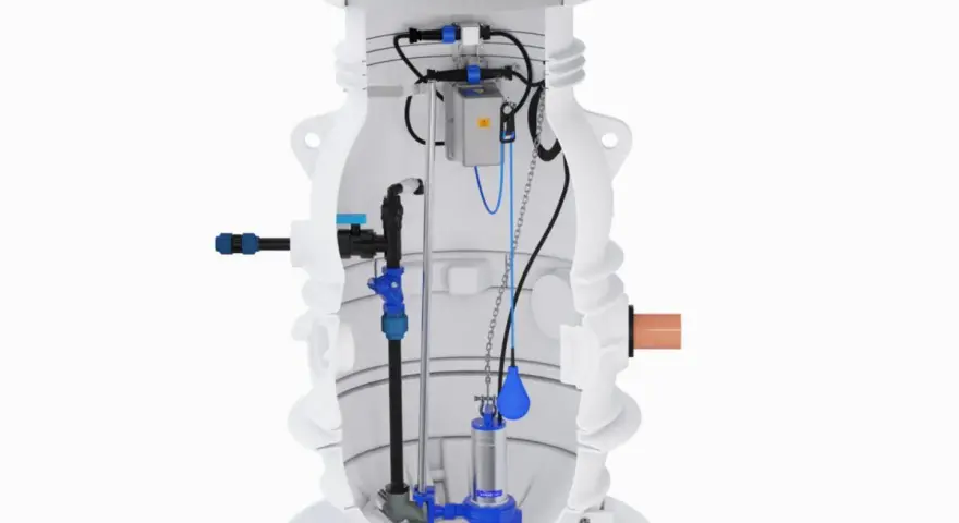 Trekammarbrunn i betong med pump och flottör. En teknisk illustration visar hur systemet fungerar för avloppshantering.