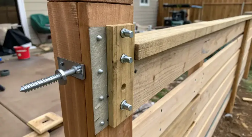 Detaljbild av hur man bygger plank med liggande panel. En kraftig skruv fäster stolpen, medan bultar håller panelen på plats.