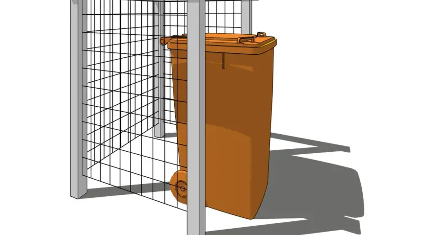 Enkel design för att bygga soptunneskydd med ett ställverk av metall och ett orange sopkärl.