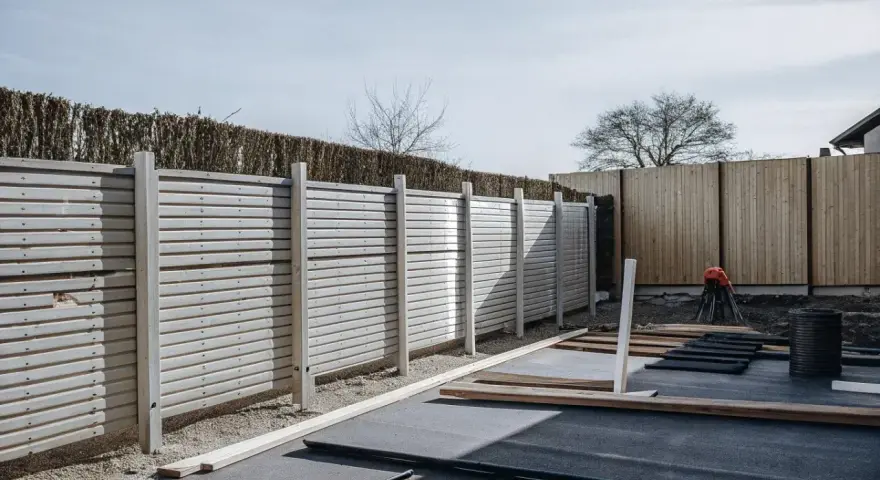 Byggarbetsplats med nya plintar och ett staket som håller på att monteras. Material ligger utspritt på marken.