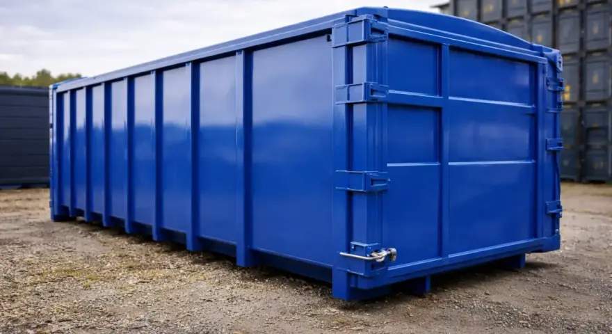 En stor, blank blå container står på grus. Den är redo att måla och förberedd för transport.