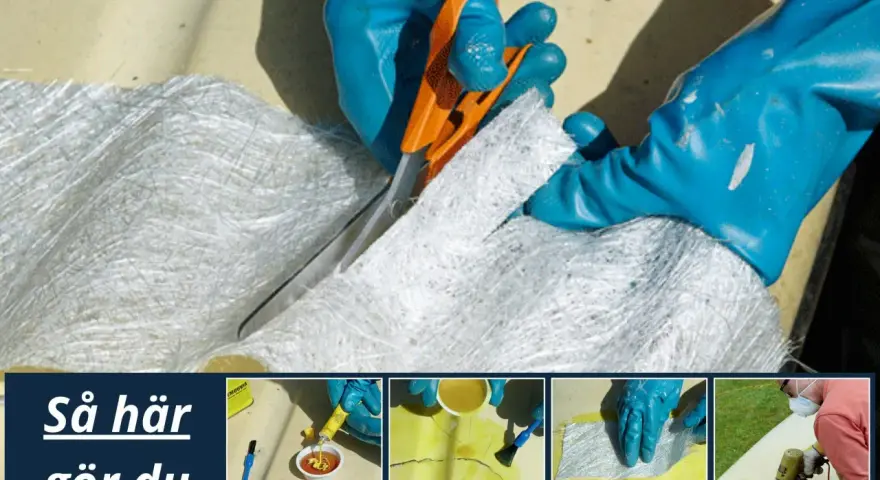 Här visas steg för att laga glasfiber. En person klipper glasfiberväv med en orange sax.