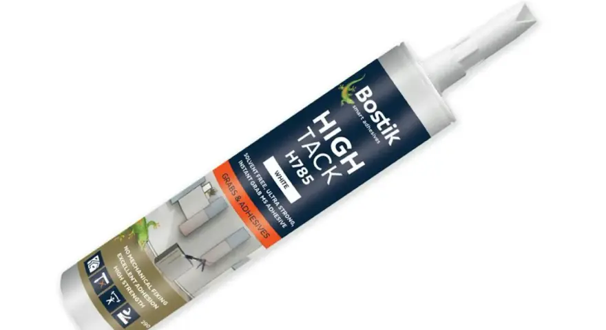Bostik High Tack H785-tub med starkt lim. Perfekt för montering utan spik. Ger utmärkt fäste och hög styrka.