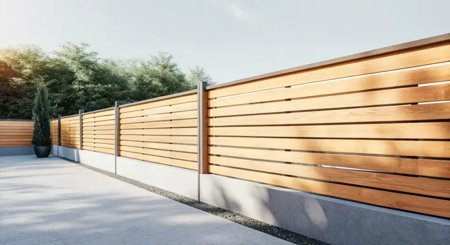 Ett modernt dubbelsidigt plank stående med horisontella träribbor och grå betongfundament. En smal cypress i kruka står vid staketet.
