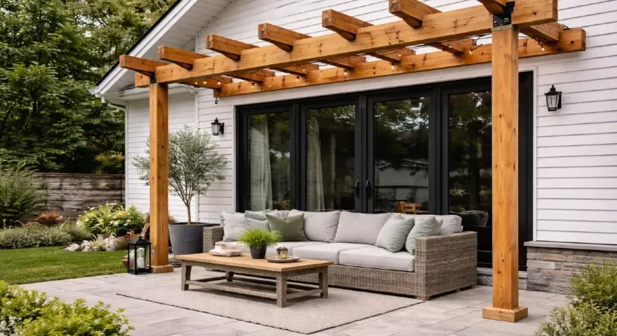 En mysig uteplats med en träpergola, bekväm soffa och ett lågt bord. En vildvin pergola skulle passa perfekt här.