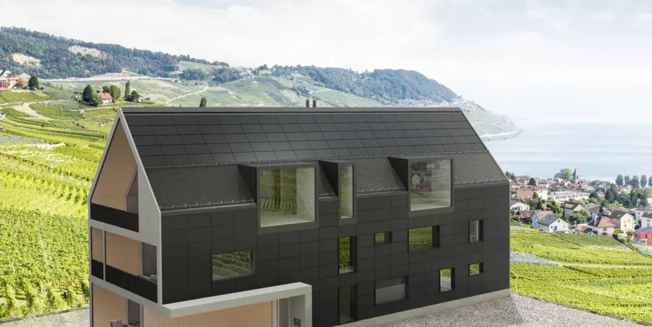 Modernt hus med solceller på taket, omgivet av vinodlingar och en sjö. Frågan