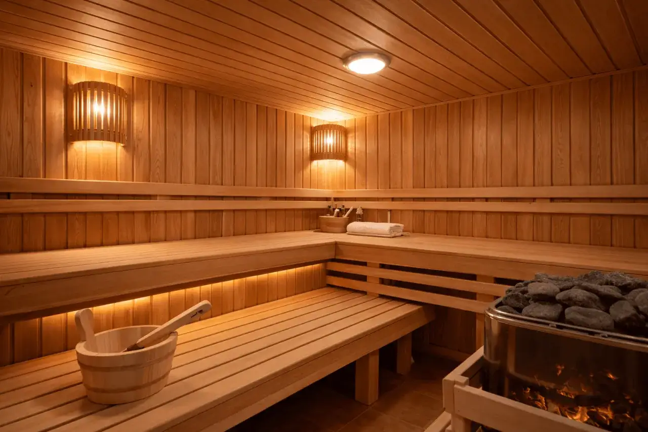 Vacker bastu med träbänkar och väggar, perfekt för bastu inspiration. Varm belysning skapar en inbjudande atmosfär.