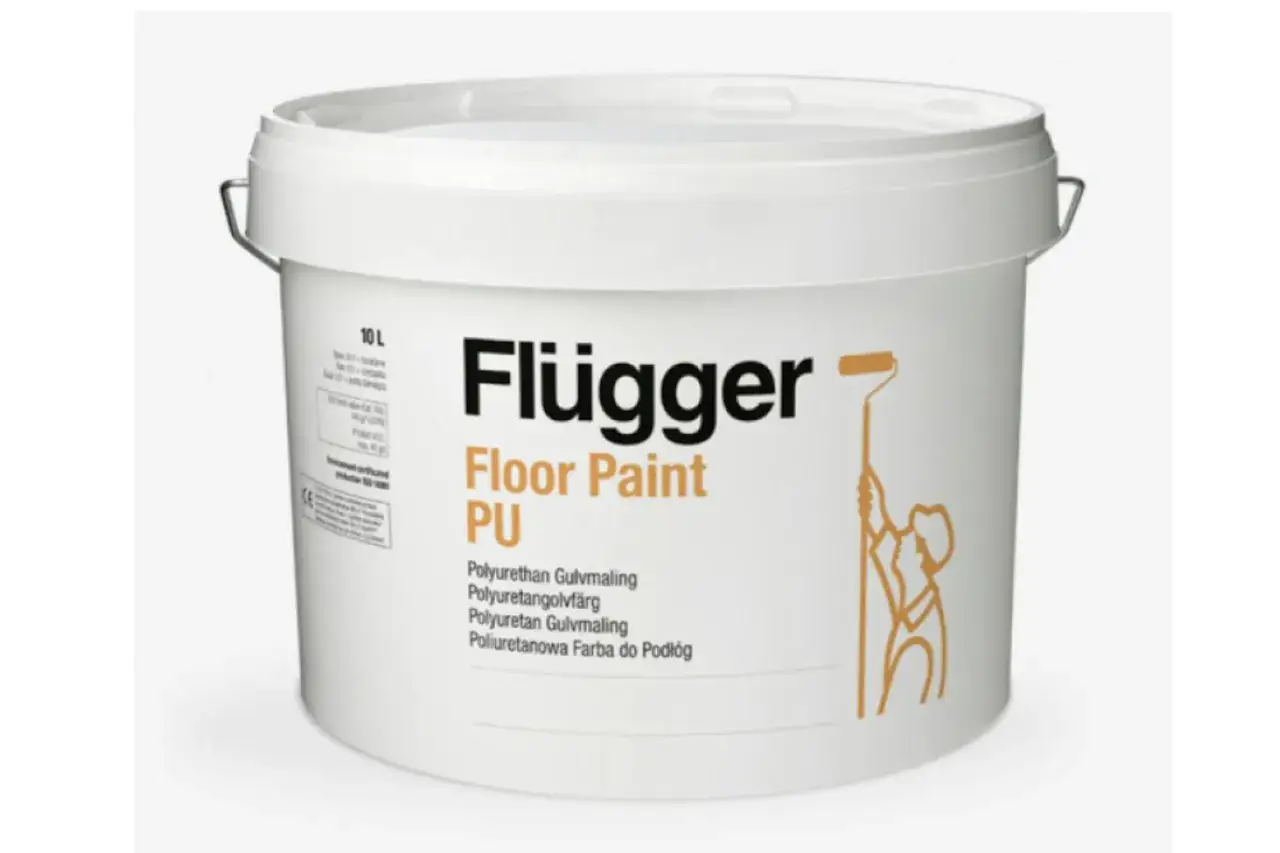 En hink med Flügger Floor Paint PU, en slitstark polyuretanfärg för golv.