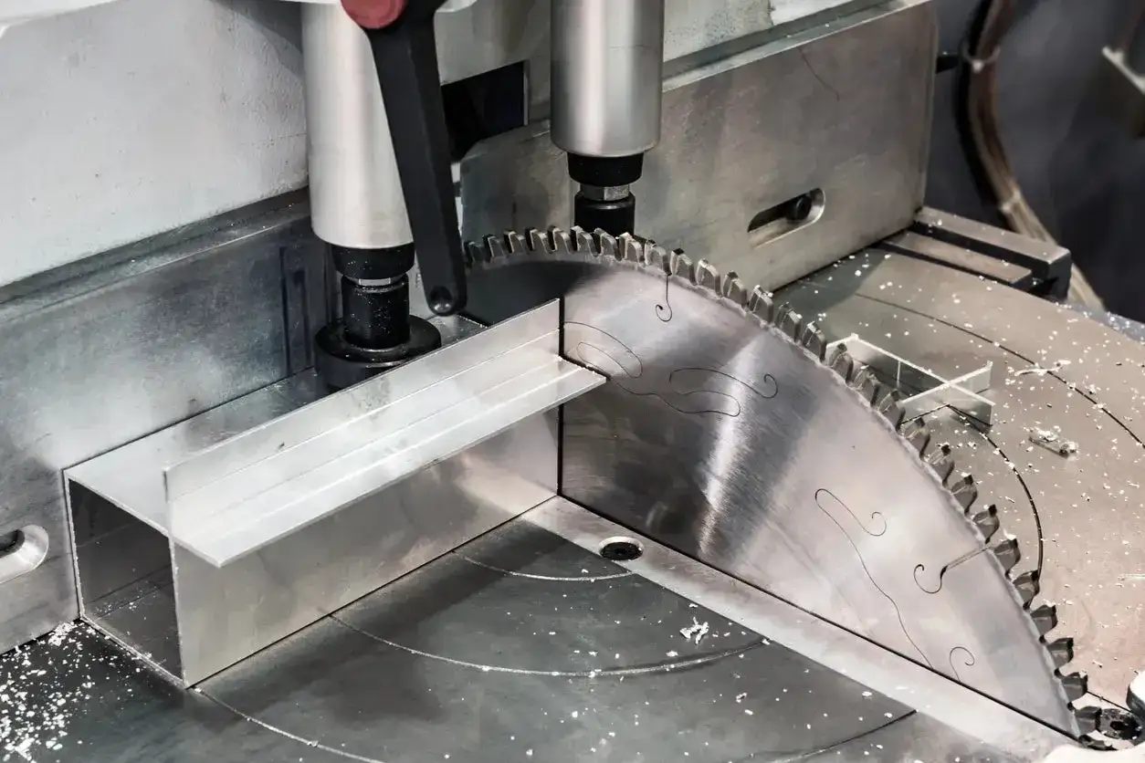 Precisionssåg för att såga aluminiumprofiler. En vass klinga är redo att kapa metallen.