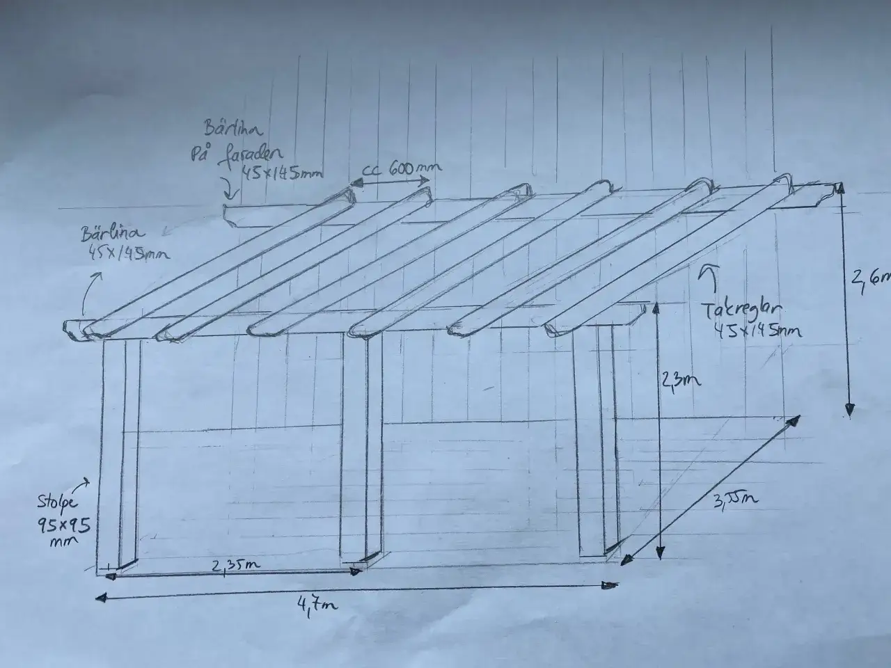 En enkel pergola ritning med mått för stolpar, bärlinor och takreglar.