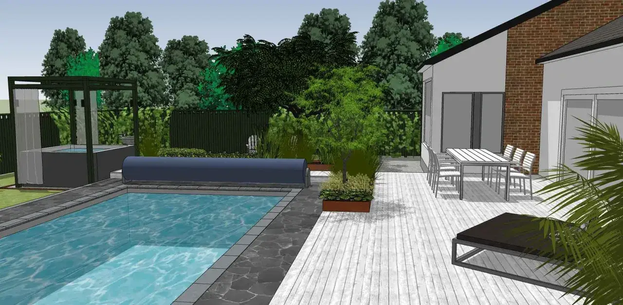 En modern trädgård med pool och trall runt poolen. Uteplats med matbord och stolar, samt en loungegrupp.