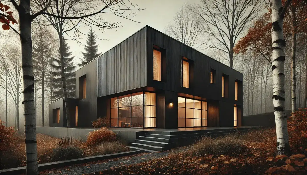 Modern villa i skogen, perfekt för ett stambyte. Mörka fasader, stora fönster och höstfärger.