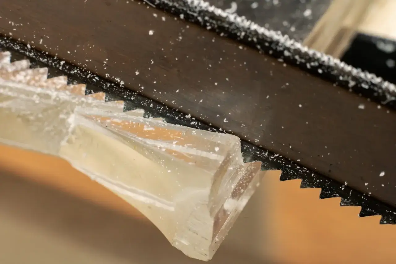 Sågtänder skär genom ett tjockt, klart material. Små bitar av materialet flyger iväg när man kapa plexiglas.
