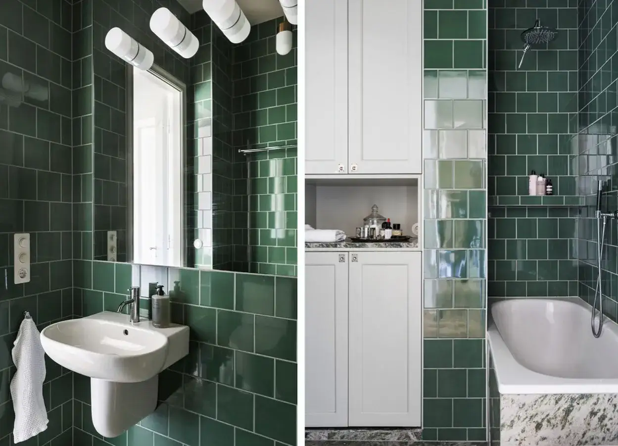Ett modernt badrum med mörkgröna kakelväggar, ett vitt handfat och ett badkar. En totalrenovering badrum som andas lyx och stil.