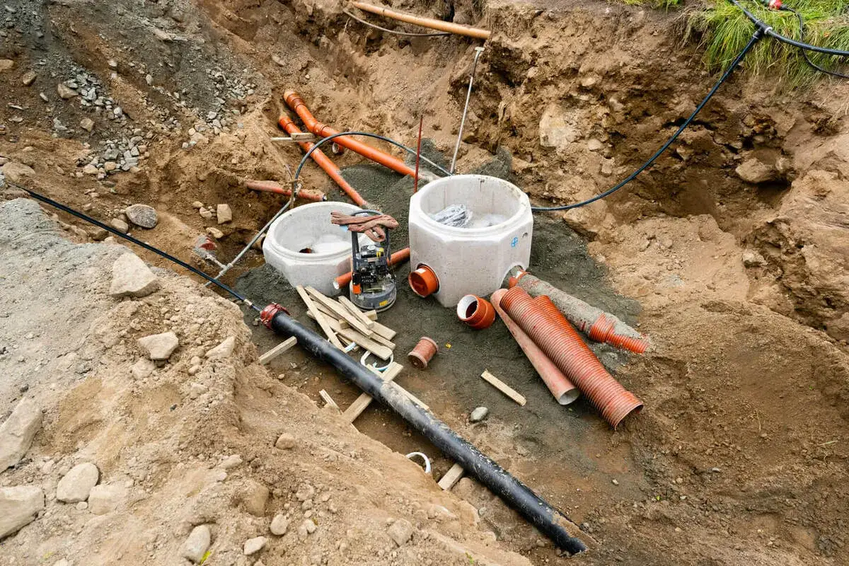 Arbetet med en trekammarbrunn i betong pågår. Orange rör och betongringar ligger utspridda i en grävd grop.
