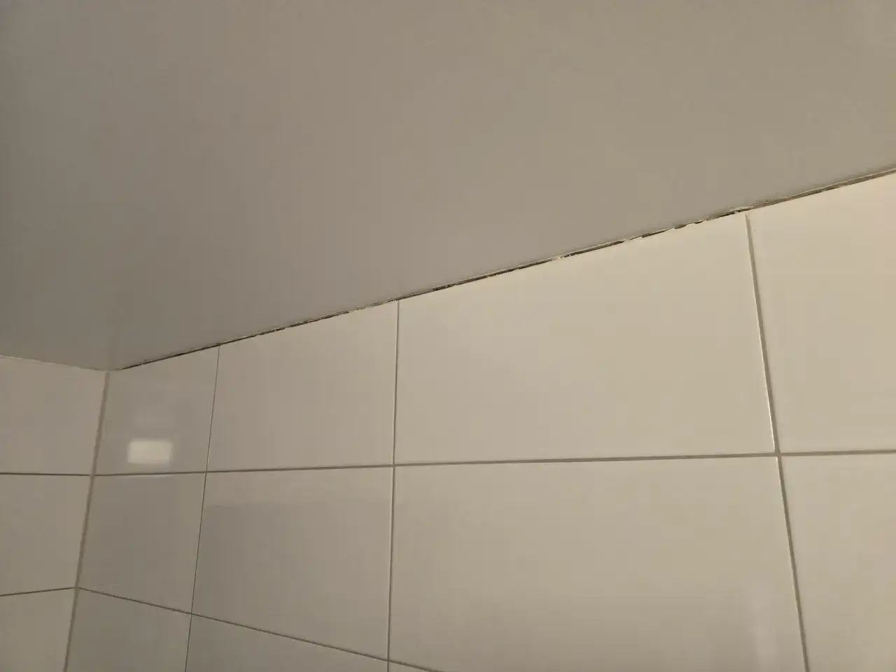 Grå silikonfog mellan vita kakelplattor och tak. Det ser ut som att någon försökt måla på silikonet, men det har inte fäst ordentligt.