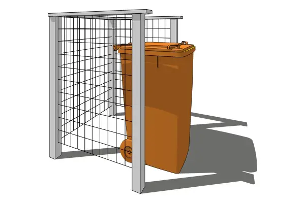 Enkel design för att bygga soptunneskydd med ett ställverk av metall och ett orange sopkärl.