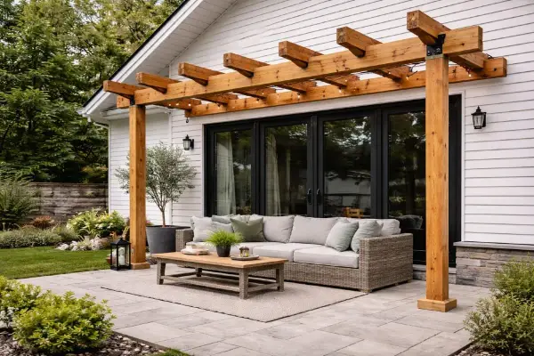 En mysig uteplats med en träpergola, bekväm soffa och ett lågt bord. En vildvin pergola skulle passa perfekt här.