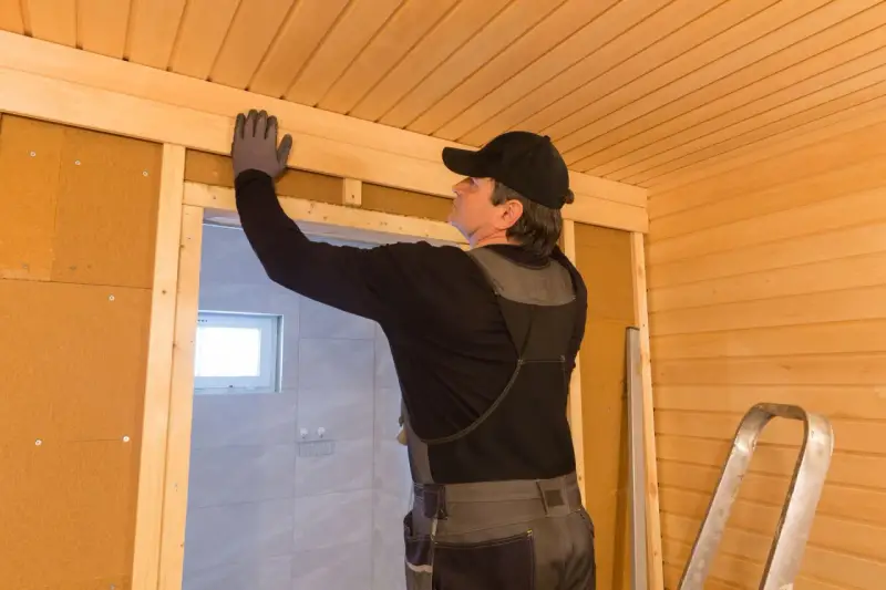 Man bygger bastu inomhus, monterar träpanel i taket.