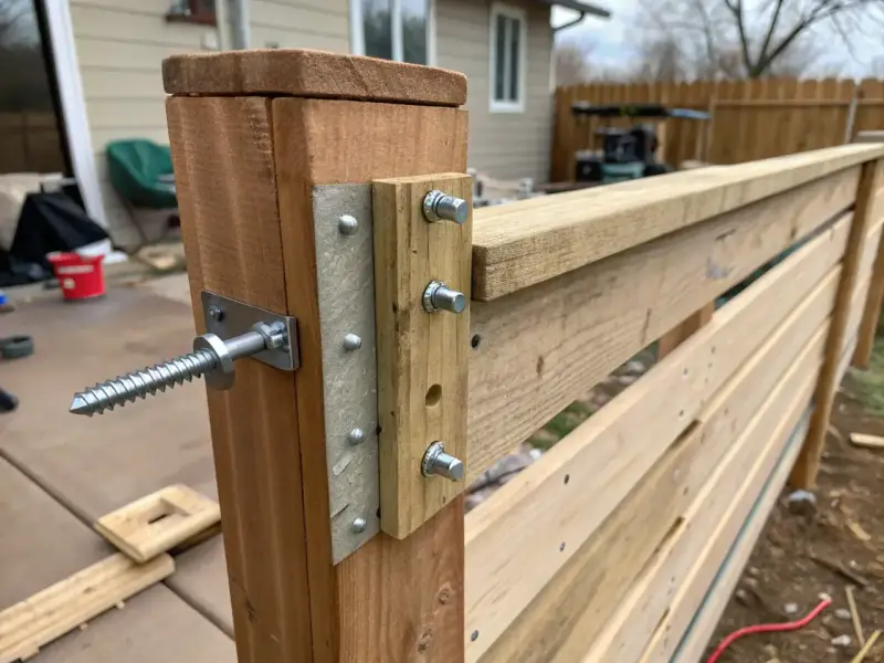 Detaljbild av hur man bygger plank med liggande panel. En kraftig skruv fäster stolpen, medan bultar håller panelen på plats.
