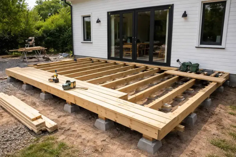 Grundstomme för altan byggs. Träbjälkar på betongplintar, redo att bygga altan. Verktyg ligger redo.